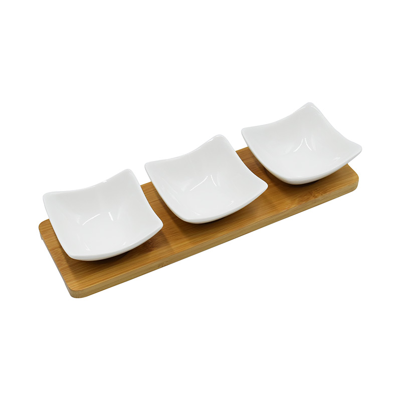 Bamboo platter with three serving bowls